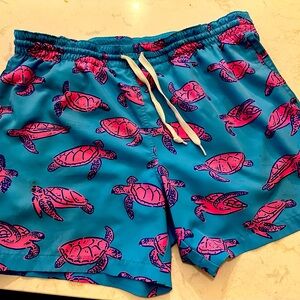 Blue and pink chubby, swim shorts, with turtles